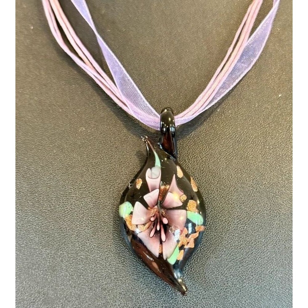 Fused glass necklace pendant with lavender ribbon floral design